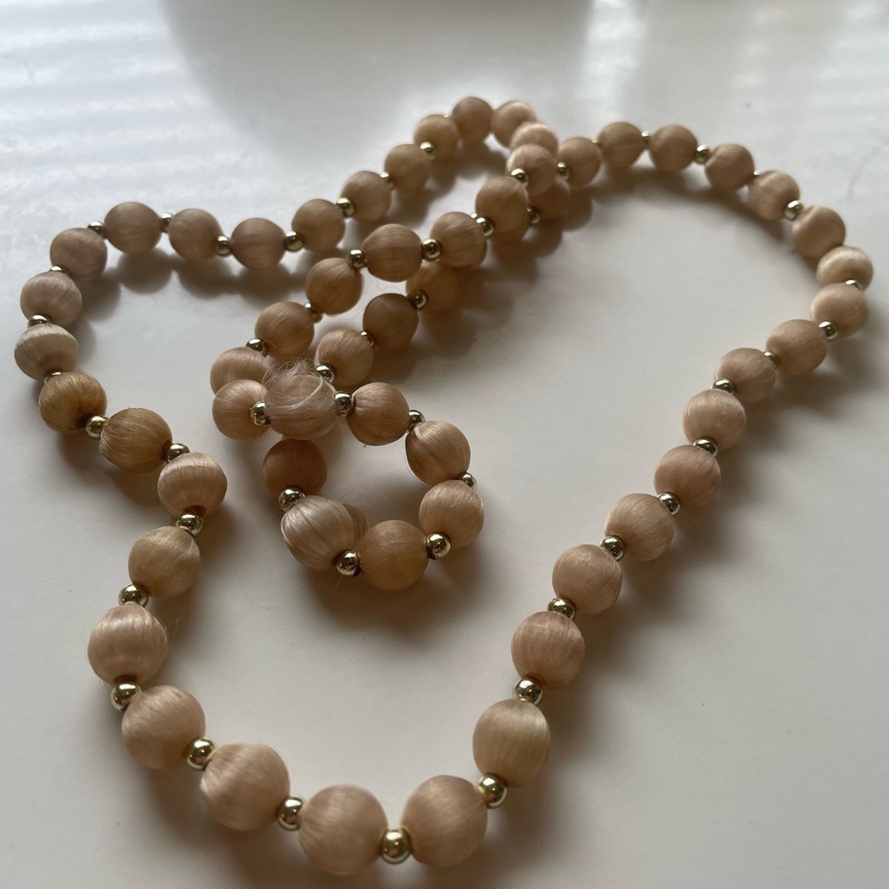 Vintage Beige Fabric covered Bead Necklace